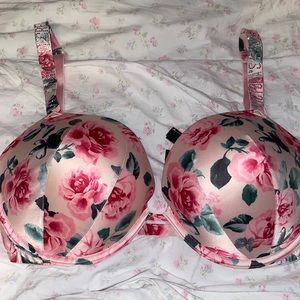 VICTORIA'S SECRET SATIN FLORAL RHINESTONE SHINE SPARKLE STRAP PUSH UP BRA